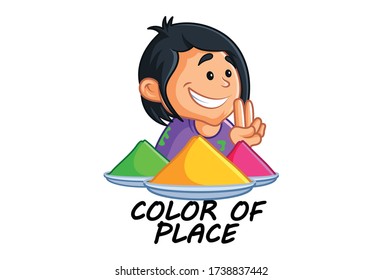 Vector cartoon illustration of boy with colors. Lettering text color of place. Isolated on white background.  