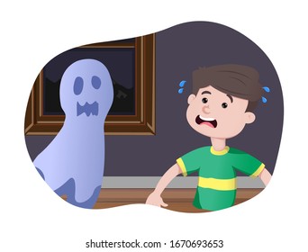 Vector cartoon illustration boy is crying and watch something scary. Isolated on white background.