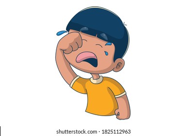 Vector cartoon illustration. Boy is crying with tongue out. Isolated on white background.
