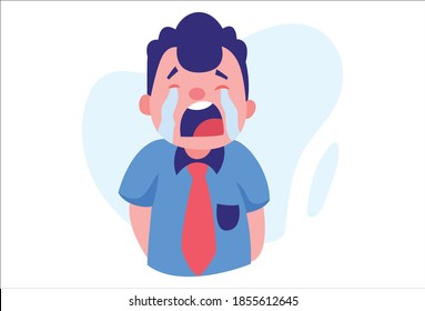 Vector cartoon illustration of a boy is crying. Isolated on a white background.