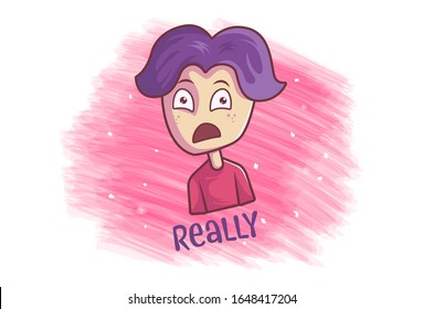 Dibujo vectorial de un niño con cara decepcionada. Leer texto- realmente. Aislado sobre fondo blanco.