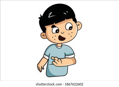 Vektorgrafik-Illustration. Junge tut Handausdruck mit offenem Mund. Einzeln auf weißem Hintergrund.