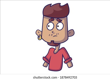 Vector cartoon illustration. Boy is in doubt. Isolated on white background.
