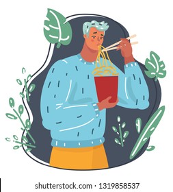 Vector cartoon illustration of a Boy eating noodles using Chopstick. Eco food. Human character on dark background.