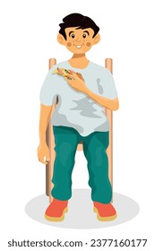 Vector cartoon illustration of boy eats pizza and sitting on chair on white isolated background.