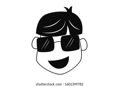 Vector cartoon illustration of boy face wearing glasses. Isolated on white background.  