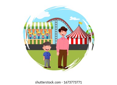 Vector cartoon illustration of boy with father. On the way to amusement park. Isolated on white background.