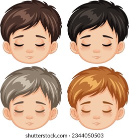 A vector cartoon illustration of a boy with four faces, closing his eyes and relaxing