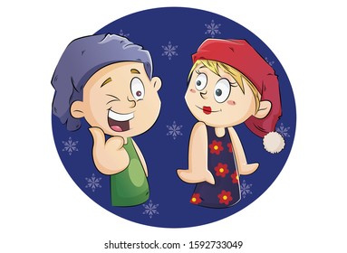 Vector cartoon illustration of boy and girl wearing Christmas cap. Isolated on white background.