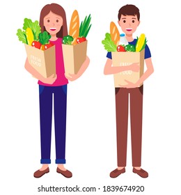 Vector cartoon illustration with boy and girl holding eco paper grocery bags with fresh healthy organic food isolated on white background. Caring for the environment concept. Eco-food shopping