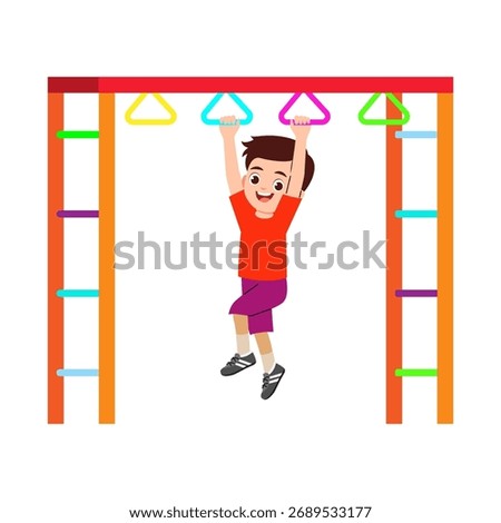Vector cartoon illustration of boy hanging on monkey bar, Illustration of cute kindergarten 
