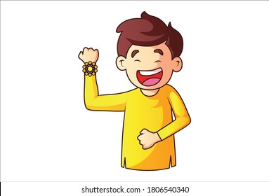 Vektorgrafik-Illustration. Junge ist glücklich und zeigt Rakhi zur Hand. Einzeln auf weißem Hintergrund.
