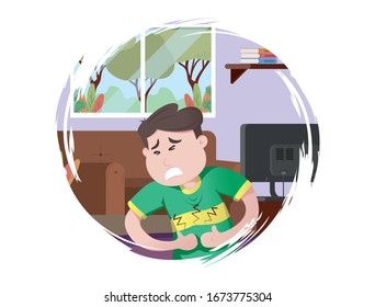 Vector cartoon illustration. Boy is having terrible stomachache pain. Isolated on white background.