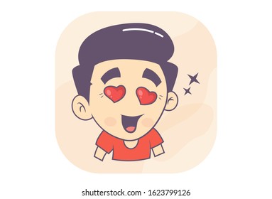 Vector cartoon illustration of boy with hearts in eyes. Isolated on white background.