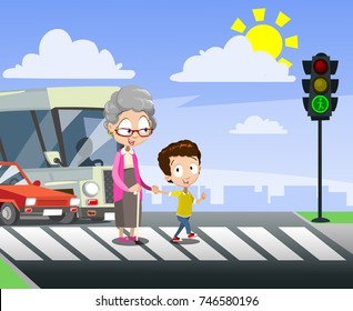 Vector cartoon illustration of boy helping senior lady to cross the street holding hands. 