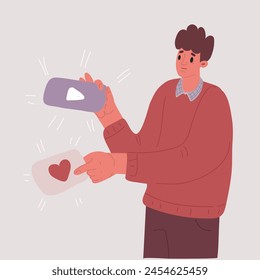 Vector cartoon illustration of boy hold play and like icon symbol