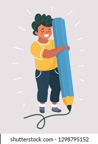 Vector cartoon illustration of Boy holding big pencil.