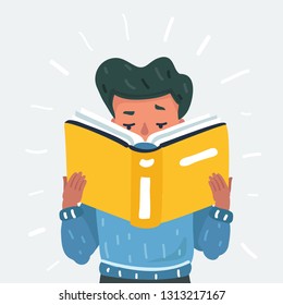 Vector cartoon illustration of boy holding open books and reading. Human character on white background.