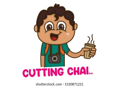 Vector cartoon illustration of boy holding cup of tea in hand. Cutting chai text translation - cup of tea. Isolated on white background.