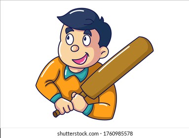 Vector Cartoon Illustration Of Boy Holding Cricket Bat In Hand. Isolated On White Background.