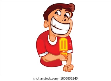 Ilustración de dibujos animados. El chico está sosteniendo un helado en la mano y riendo. Aislado sobre fondo blanco.