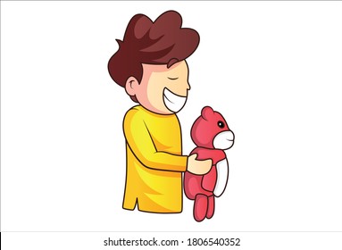 Vector cartoon illustration of a boy holding teddy bear toy in hand. Isolated on a white background.