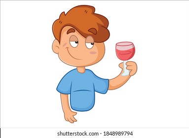 Dibujo vectorial de un niño sujetando la copa de vino en mano. Aislado sobre fondo blanco.