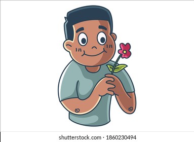 Dibujo vectorial del niño sostiene una flor en mano. Aislado sobre fondo blanco.