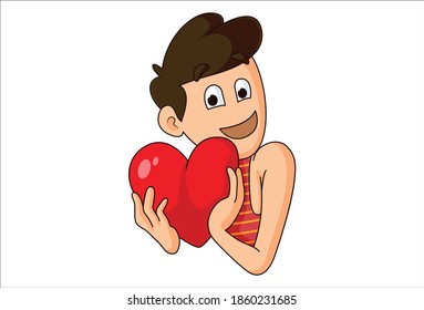Vector cartoon illustration of boy is holding a heart in hands. Isolated on white background.  