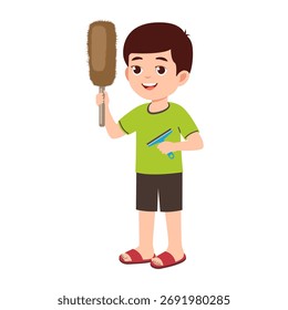 Vektorcartoon-Illustration eines Jungen, der einen Staub hält