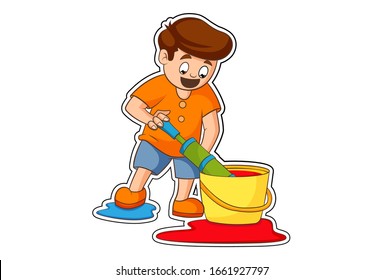 Dibujo vectorial de niño con holi pichkari y cubo de color. Aislado sobre fondo blanco.