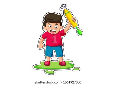 Vector cartoon illustration of boy  with holi pichkari. Isolated on white background.