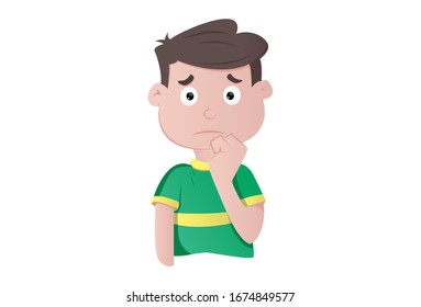Vector cartoon illustration of boy is insecure. Isolated on white background.