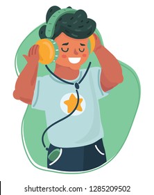 Vector cartoon illustration of boy kid listening music, enjoying song with headphones. Smiling kid using phone. Wireless technology.