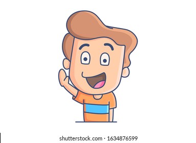 Vector cartoon illustration of the boy laughing and waving hand. Isolated on white background.