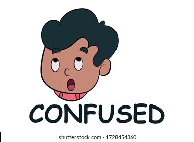 Vector cartoon illustration of boy. Lettering text confused. Isolated on white background.