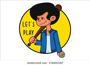 Vector cartoon illustration of boy. Lettering text let's play. Isolated on white background.