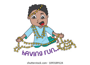 Vector Cartoon Illustration Of Boy With Lighting Garlands. Isolated On White Background.