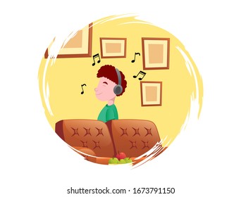 Vector cartoon illustration of boy listening music. Isolated on white background.