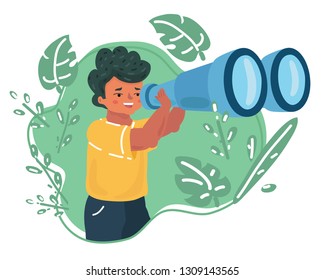 Vector cartoon illustration boy looking through binocular. Children explore the world concept