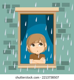 Vektorgrafik-Illustration eines Jungen, der den Regen durch sein Fenster betrachtet. Pensive Kinder fühlen sich einsam und unglücklich zu Hause, weil sie wegen des Regenwetters nicht draußen spielen können 