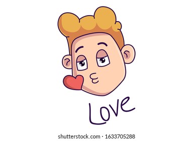 Vector cartoon illustration of the boy in love. Lettering text- love. Isolated on white background.