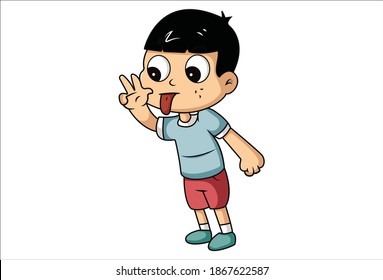 Vector cartoon illustration. Boy making tongue out. Isolated on white background.