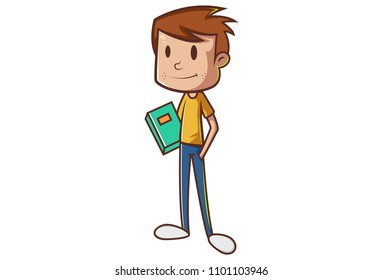 Vector Cartoon Illustration of a boy with notebook in hand. Isolated on white background.