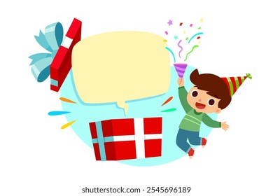 Vector cartoon illustration of a boy with party hat and popper confetti celebrating at birthday or christmas party beside opened gift box with blank space dialogue bubble .