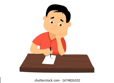 Vector cartoon illustration. Boy is with pen and paper and feel bored. Isolated on white background.