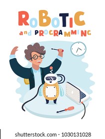 Vector cartoon illustration of Boy play and assembled cute robot construction and programming. Nerd smart young person achieved the goal.