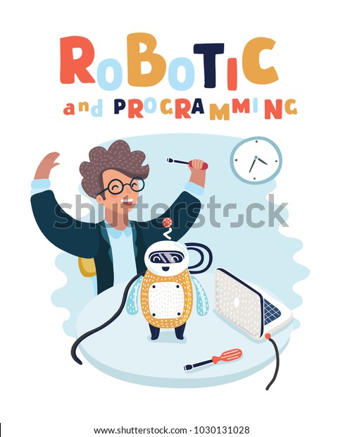 少年が遊び かわいいロボットの建設とプログラミングを組み立てたベクター漫画のイラスト おたくの賢い若者が目標を達成した のベクター画像素材 ロイヤリティフリー