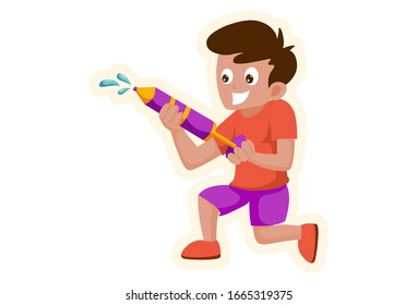 Dibujo vectorial de un niño jugando con pichkari. Aislado sobre fondo blanco.