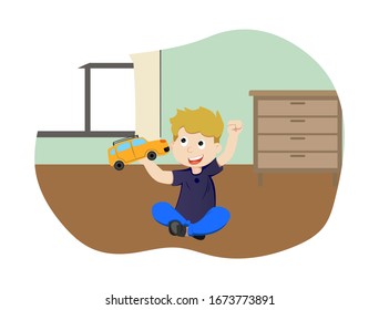 Vektorillustration Cartoon Illustration des mit dem Auto spielenden Jungen. Einzeln auf weißem Hintergrund.